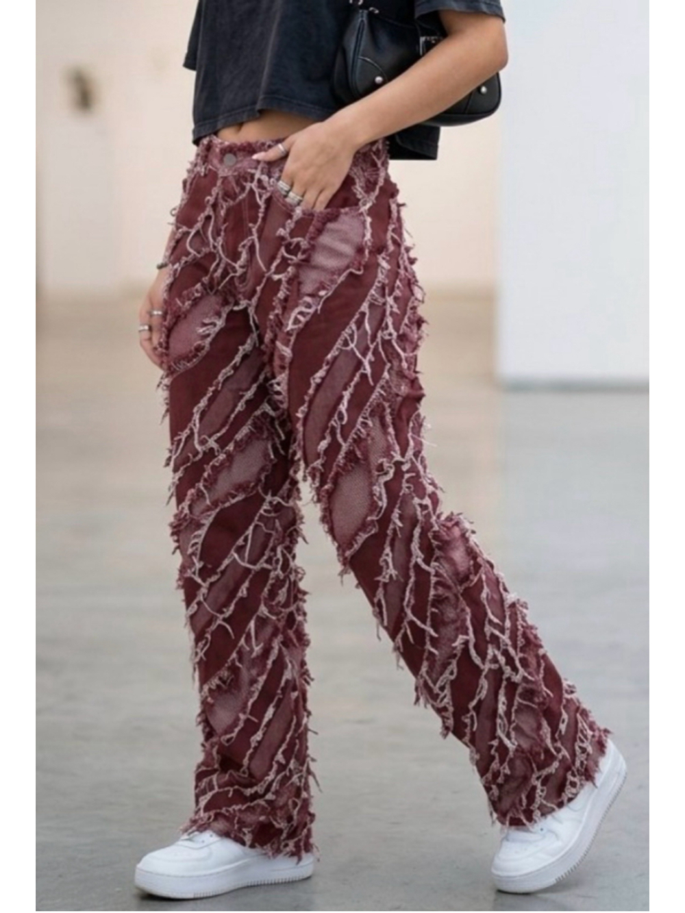 Retro Y2K Burgundy Frayed Diagonal Pattern Wide Leg Distressed Jeans 26x30 1337